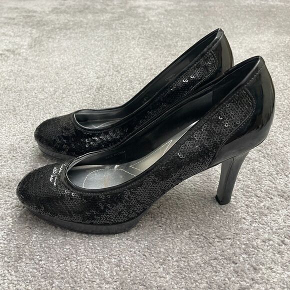 Tahari Cheryl Sequined Pump Heels Womens 8.5M Black Close Round Toe Pull On - Picture 1 of 16